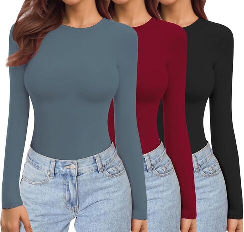 Ekouaer Womens 3 Pack Long Sleeve Shirts Crew Neck Stretch Fitted Underscrubs Trendy Basic Tops Lightweight Thermal Tee Black/WineRed//Blue S in Saudi Arabia
