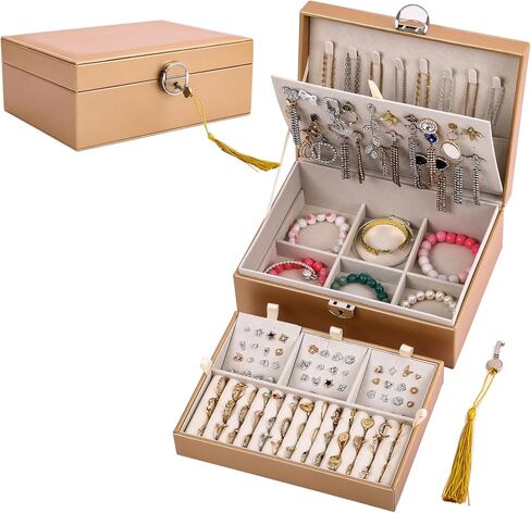 BOOVO Earring Jewelry Box For Women Girl Stud Organizer, 4 Layers Girl Jewelry Organizer Box With Lock Earring Holder Organizer Necklace Ring Jewelry Organizer Box For Girls (Rose Gold, 4 layer) in Saudi Arabia