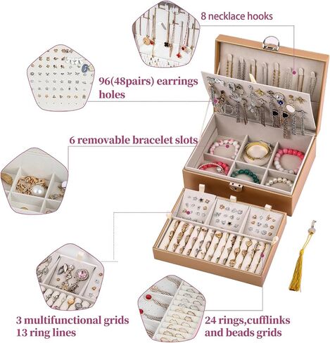 BOOVO Earring Jewelry Box For Women Girl Stud Organizer, 4 Layers Girl Jewelry Organizer Box With Lock Earring Holder Organizer Necklace Ring Jewelry Organizer Box For Girls (Rose Gold, 4 layer) in Saudi Arabia