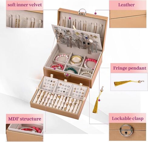 BOOVO Earring Jewelry Box For Women Girl Stud Organizer, 4 Layers Girl Jewelry Organizer Box With Lock Earring Holder Organizer Necklace Ring Jewelry Organizer Box For Girls (Rose Gold, 4 layer) in Saudi Arabia