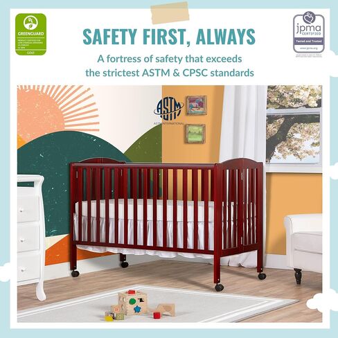 Dream On Me Full Size 2-in-1 Folding Baby Crib, GREENGUARD Gold, White | Compact Patented Quick Folding Design, Portable, Metal Locking Wheels, 2 Adjustable Heights, GREENGUARD Gold & BSA Verified in Saudi Arabia