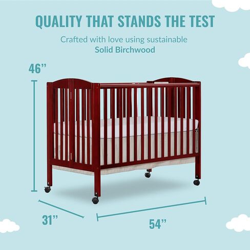 Dream On Me Full Size 2-in-1 Folding Baby Crib, GREENGUARD Gold, White | Compact Patented Quick Folding Design, Portable, Metal Locking Wheels, 2 Adjustable Heights, GREENGUARD Gold & BSA Verified in Saudi Arabia