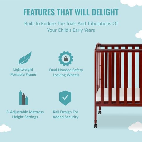 Dream On Me Full Size 2-in-1 Folding Baby Crib, GREENGUARD Gold, White | Compact Patented Quick Folding Design, Portable, Metal Locking Wheels, 2 Adjustable Heights, GREENGUARD Gold & BSA Verified in Saudi Arabia