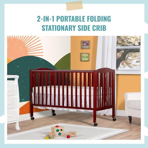 Dream On Me Full Size 2-in-1 Folding Baby Crib, GREENGUARD Gold, White | Compact Patented Quick Folding Design, Portable, Metal Locking Wheels, 2 Adjustable Heights, GREENGUARD Gold & BSA Verified in Saudi Arabia