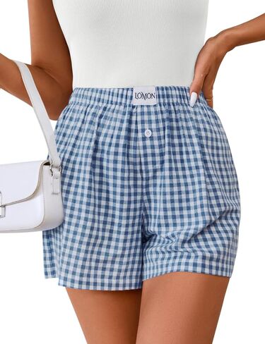LOMON Womens Boxer Shorts Casual Summer Cotton Pajama Lounge Sleep Pj Gingham Plaid Shorts Y2K Beach Bottoms in Saudi Arabia