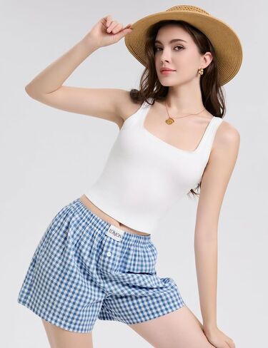 LOMON Womens Boxer Shorts Casual Summer Cotton Pajama Lounge Sleep Pj Gingham Plaid Shorts Y2K Beach Bottoms in Saudi Arabia