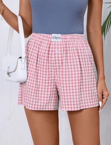 LOMON Womens Boxer Shorts Casual Summer Cotton Pajama Lounge Sleep Pj Gingham Plaid Shorts Y2K Beach Bottoms in Saudi Arabia