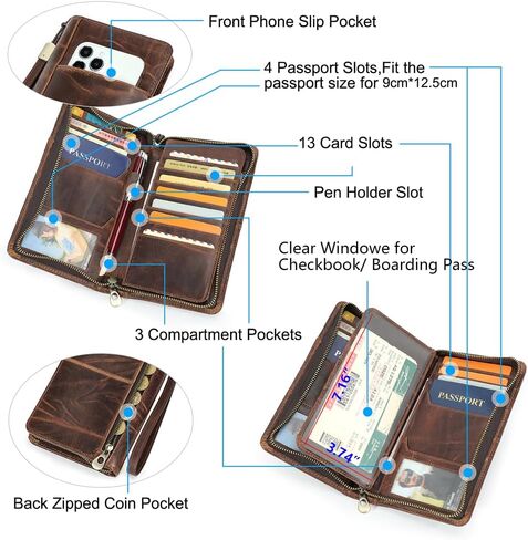 جهات الاتصال محفظة جواز السفر للرجال والنساء من الجلد المحبب بالكامل وحامل جواز السفر RFID ومنظم البطاقات بسعة كبيرة ومحفظة الهاتف بمقبض السوار، بني in Kuwait