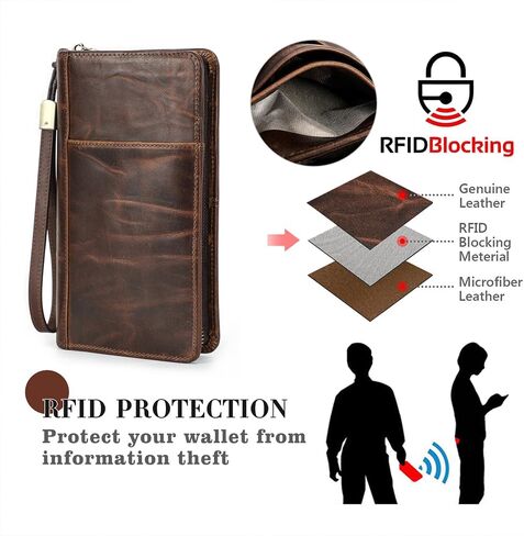 جهات الاتصال محفظة جواز السفر للرجال والنساء من الجلد المحبب بالكامل وحامل جواز السفر RFID ومنظم البطاقات بسعة كبيرة ومحفظة الهاتف بمقبض السوار، بني in Kuwait