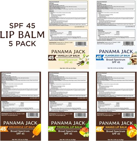 Panama Jack Sunscreen Lip Balm - SPF 45, Flavor Pack, Broad Spectrum UVA-UVB Sunscreen Protection, Prevents & Soothes Dry, Chapped Lips (Dreamsicle/Vanilla/Tropical/Mango) in Kuwait