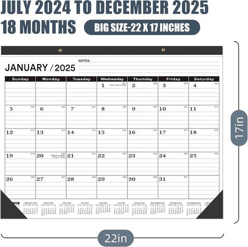 تقويم مكتب 2024-2025 كبير 22 × 17 (يوليو 2024-ديسمبر 2025) تقويم مكتب كبير 2024-2025، تقويم أسود كلاسيكي 2024-2025، تقويم مكتبي شهري كبير 2024-2025، تقويم مكتبي بغطاء بلاستيكي in Saudi Arabia
