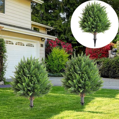 2 Pcs Artificial Cedar Topiary Bush 25" Tree UV Resistant with Spike Easy to Push in The Ground Artificial Cedar Topiary Tree Shrubs Fake Plants for Indoor Outdoor Home Garden in Saudi Arabia