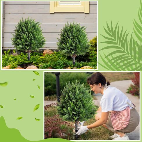 2 Pcs Artificial Cedar Topiary Bush 25" Tree UV Resistant with Spike Easy to Push in The Ground Artificial Cedar Topiary Tree Shrubs Fake Plants for Indoor Outdoor Home Garden in Saudi Arabia