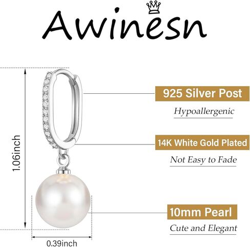 أقراط اللؤلؤ الذهبية من Awinesn للنساء والفتيات 14 قيراط أقراط لؤلؤية مطلية بالذهب الحقيقي أقراط ذهبية زركونيا مكعبة أنيقة للنساء لوصيفات العروس in Kuwait