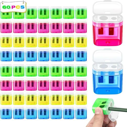 60 Pack Pencil Sharpener Bulk, Manual Pencil Sharpener with Lid for Kids, Double Hole Handheld Pencil Sharpeners for Classroom School Office Supplies, 4 Colors in Saudi Arabia