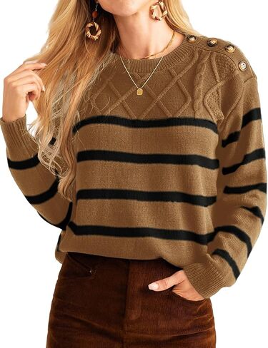 GRACE KARIN Women's 2024 Fall Winter Striped Sweater Oversized Crew Neck Cable Knit Sweater Button Shoulder Pullover Tops in Saudi Arabia