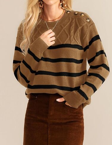 GRACE KARIN Women's 2024 Fall Winter Striped Sweater Oversized Crew Neck Cable Knit Sweater Button Shoulder Pullover Tops in Saudi Arabia