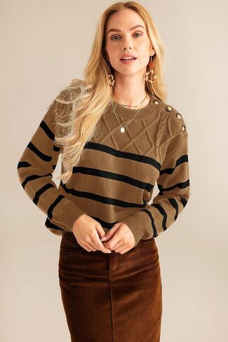 GRACE KARIN Women's 2024 Fall Winter Striped Sweater Oversized Crew Neck Cable Knit Sweater Button Shoulder Pullover Tops in Saudi Arabia