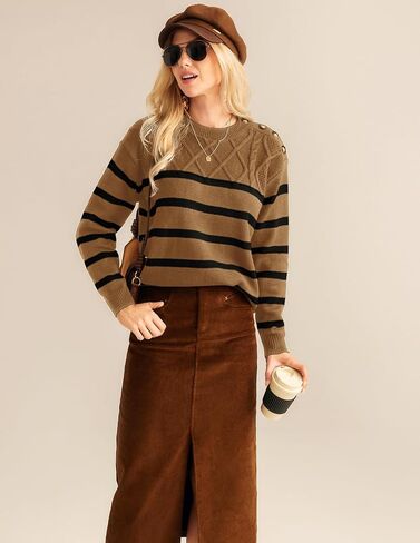 GRACE KARIN Women's 2024 Fall Winter Striped Sweater Oversized Crew Neck Cable Knit Sweater Button Shoulder Pullover Tops in Saudi Arabia