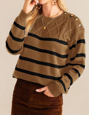 GRACE KARIN Women's 2024 Fall Winter Striped Sweater Oversized Crew Neck Cable Knit Sweater Button Shoulder Pullover Tops in Saudi Arabia