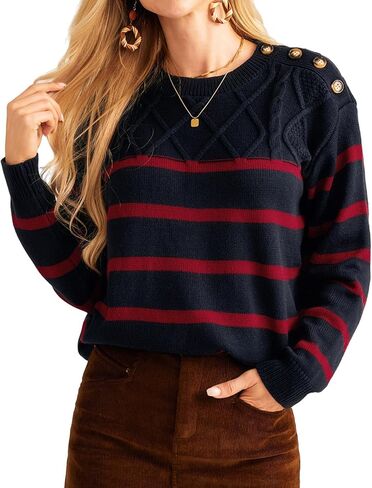GRACE KARIN Women's 2024 Fall Winter Striped Sweater Oversized Crew Neck Cable Knit Sweater Button Shoulder Pullover Tops in Saudi Arabia