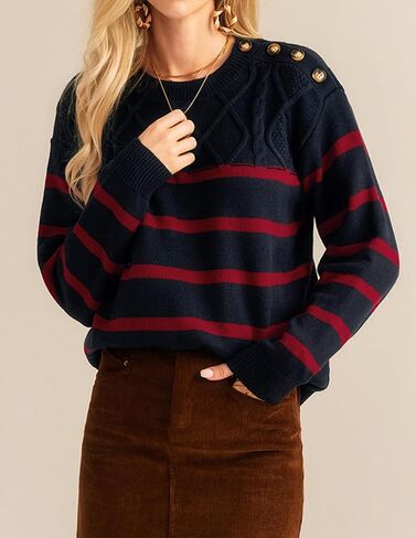 GRACE KARIN Women's 2024 Fall Winter Striped Sweater Oversized Crew Neck Cable Knit Sweater Button Shoulder Pullover Tops in Saudi Arabia