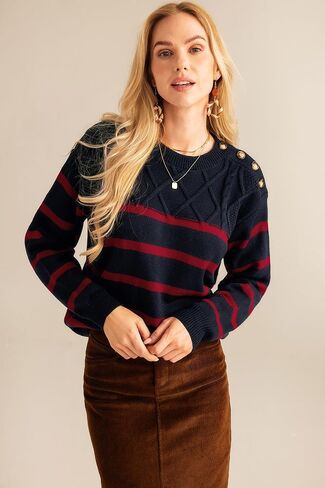 GRACE KARIN Women's 2024 Fall Winter Striped Sweater Oversized Crew Neck Cable Knit Sweater Button Shoulder Pullover Tops in Saudi Arabia