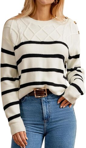 GRACE KARIN Women's 2024 Fall Winter Striped Sweater Oversized Crew Neck Cable Knit Sweater Button Shoulder Pullover Tops in Saudi Arabia