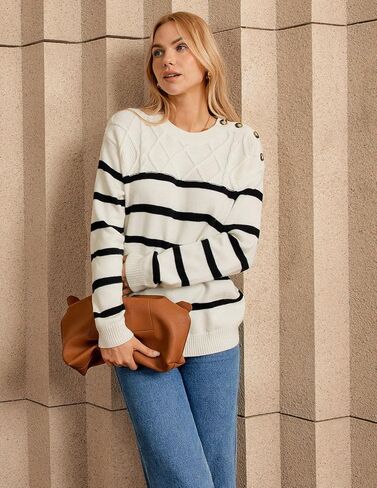 GRACE KARIN Women's 2024 Fall Winter Striped Sweater Oversized Crew Neck Cable Knit Sweater Button Shoulder Pullover Tops in Saudi Arabia