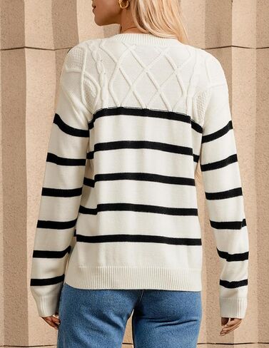GRACE KARIN Women's 2024 Fall Winter Striped Sweater Oversized Crew Neck Cable Knit Sweater Button Shoulder Pullover Tops in Saudi Arabia