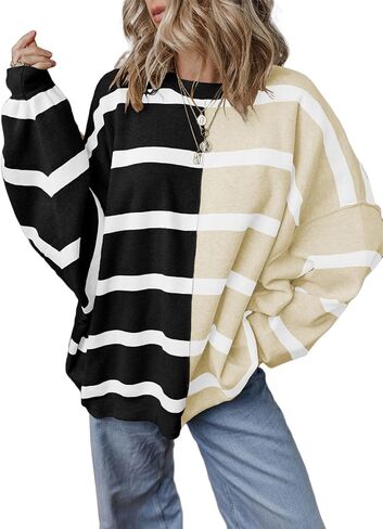 EVALESS Womens Striped Sweater Pullover Crew Neck Long Sleeve Cable Knitted Color Block Casual Loose Lightweight Sweaters in Saudi Arabia