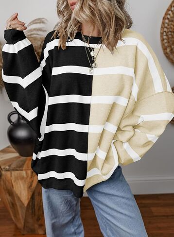 EVALESS Womens Striped Sweater Pullover Crew Neck Long Sleeve Cable Knitted Color Block Casual Loose Lightweight Sweaters in Saudi Arabia