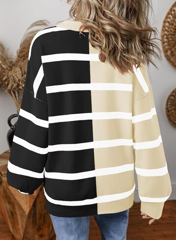 EVALESS Womens Striped Sweater Pullover Crew Neck Long Sleeve Cable Knitted Color Block Casual Loose Lightweight Sweaters in Saudi Arabia