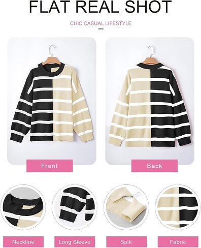 EVALESS Womens Striped Sweater Pullover Crew Neck Long Sleeve Cable Knitted Color Block Casual Loose Lightweight Sweaters in Saudi Arabia