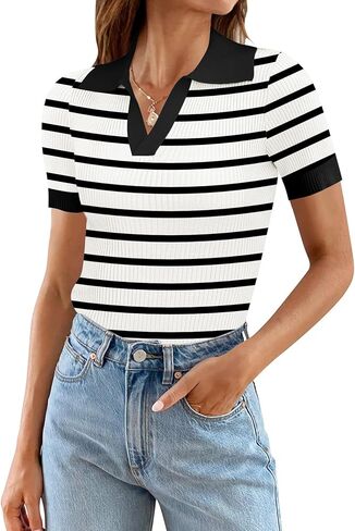 Ivicoer Womens 2024 Summer V Neck Short Sleeve T Shirts Slim Fitted Ribbed Knit Casual Tee Tops in Saudi Arabia