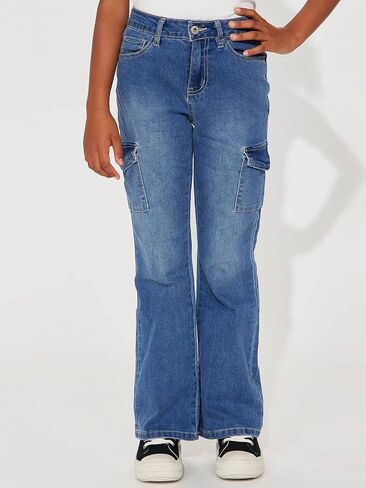 Haloumoning Girls Cargo Jeans Elastic Waist Straight Leg Pants Casual Stretch Demin Pants with Pockets 5-14 Years in Saudi Arabia