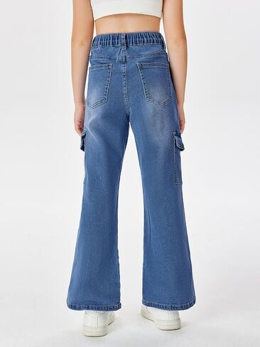 Haloumoning Girls Cargo Jeans Elastic Waist Straight Leg Pants Casual Stretch Demin Pants with Pockets 5-14 Years in Saudi Arabia