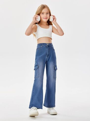 Haloumoning Girls Cargo Jeans Elastic Waist Straight Leg Pants Casual Stretch Demin Pants with Pockets 5-14 Years in Saudi Arabia