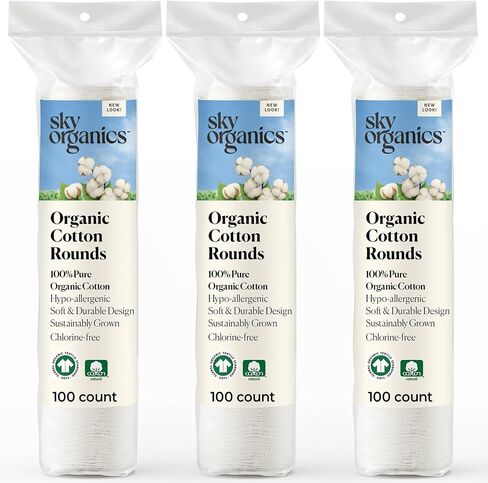 Sky Organics Organic Cotton Rounds for Sensitive Skin, 100% Pure GOTS Certified Organic for Beauty & Personal Care, 100 ct. w Ebook in Saudi Arabia