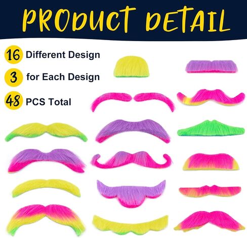 48 Pcs Fake Mustaches, Self Adhesive Fake Beard, Novelty Hairy Beard, Costume Facial Hair for Halloween Party in Saudi Arabia