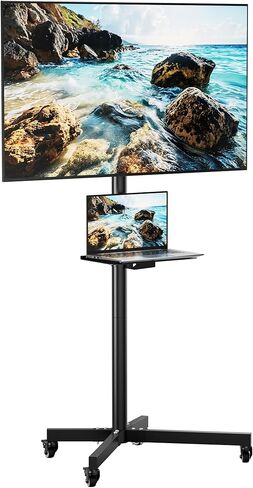 حامل تلفزيون دوار لشاشات تلفزيون LCD مسطحة/منحنية مقاس 26-55 بوصة، وحامل تلفزيون متنقل مع عجلات ورف للوسائط. عربة تلفزيون بزاوية قابلة للتعديل مع عجلات قابلة للقفل، بحد أقصى 400 × 400 مم in Kuwait