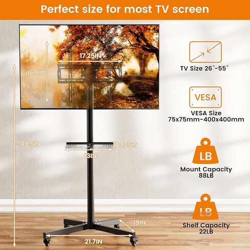 حامل تلفزيون دوار لشاشات تلفزيون LCD مسطحة/منحنية مقاس 26-55 بوصة، وحامل تلفزيون متنقل مع عجلات ورف للوسائط. عربة تلفزيون بزاوية قابلة للتعديل مع عجلات قابلة للقفل، بحد أقصى 400 × 400 مم in Kuwait