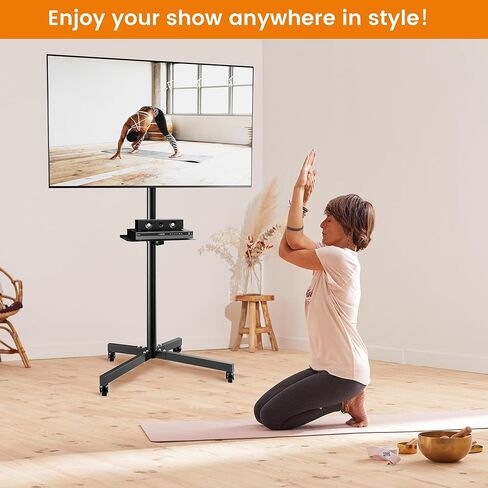 حامل تلفزيون دوار لشاشات تلفزيون LCD مسطحة/منحنية مقاس 26-55 بوصة، وحامل تلفزيون متنقل مع عجلات ورف للوسائط. عربة تلفزيون بزاوية قابلة للتعديل مع عجلات قابلة للقفل، بحد أقصى 400 × 400 مم in Kuwait