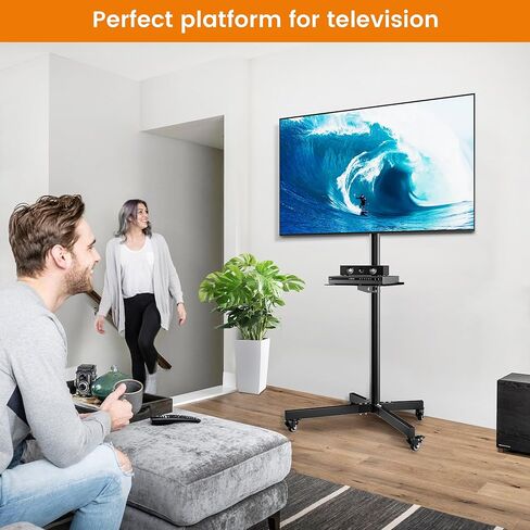 حامل تلفزيون دوار لشاشات تلفزيون LCD مسطحة/منحنية مقاس 26-55 بوصة، وحامل تلفزيون متنقل مع عجلات ورف للوسائط. عربة تلفزيون بزاوية قابلة للتعديل مع عجلات قابلة للقفل، بحد أقصى 400 × 400 مم in Kuwait