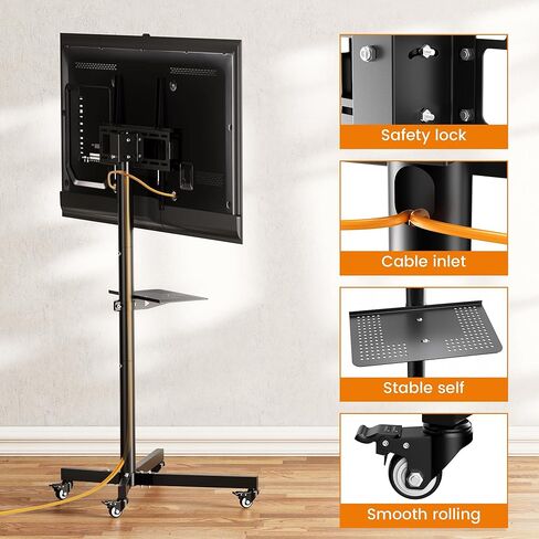 حامل تلفزيون دوار لشاشات تلفزيون LCD مسطحة/منحنية مقاس 26-55 بوصة، وحامل تلفزيون متنقل مع عجلات ورف للوسائط. عربة تلفزيون بزاوية قابلة للتعديل مع عجلات قابلة للقفل، بحد أقصى 400 × 400 مم in Kuwait