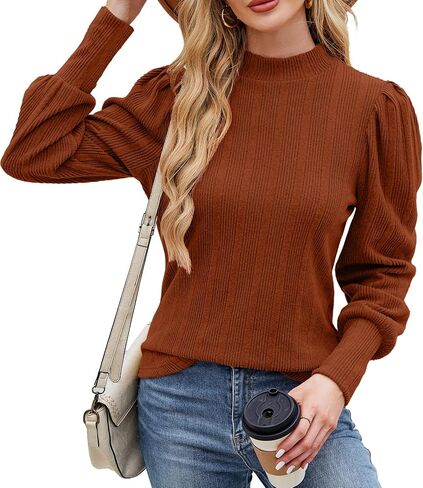 Womens Fall Tops Mock Neck Long Sleeve Shirts Puff Sleeve Sweaters Trendy 2024 Ribbed Knit Pullover Sweater in Saudi Arabia