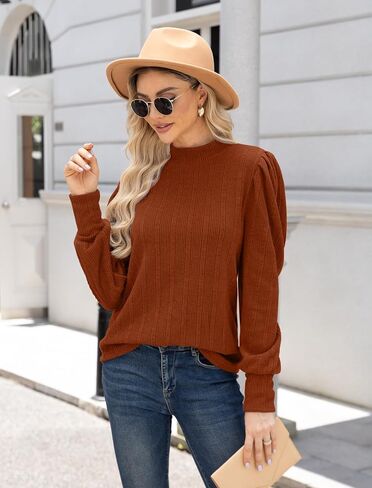 Womens Fall Tops Mock Neck Long Sleeve Shirts Puff Sleeve Sweaters Trendy 2024 Ribbed Knit Pullover Sweater in Saudi Arabia