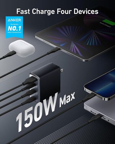 150W USB C Charger, Anker 747 Charger ( GaNPrime), 4-Port Fast Compact Foldable Gan Charger for MacBook Pro/Air, iPhone 14/Pro, iPad Pro, Dell XPS 13, Galaxy S22/S21, Note 20/10+, Pixel and More in Kuwait