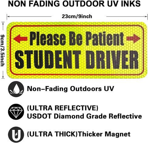 Student Driver Magnet for Car,Please Be Patient Student Driver Sticker Girls and Boys New Student Driver Sticker Safety Warning Signs,High Reflective,Reusable Movable,Set of 3. 3.5" x 9" in Saudi Arabia
