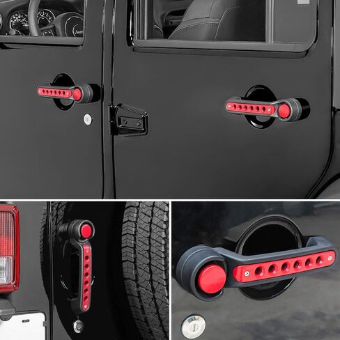 E-cowlboy Grab Handle Inserts Cover+Push Button Knobs Cover Trim for Jeep Wrangler JK JKU Sahara Rubicon Unlimited 2007-2018 Exterior Door Handle Decoration Accessories Aluminum (Red) in Kuwait